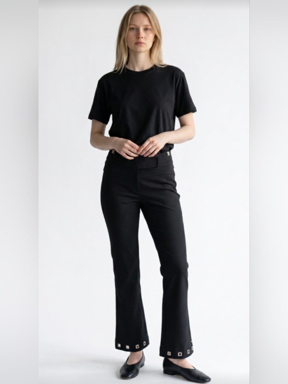 NWOT! INVESTMENTS! SLIM FACTOR BLACK HEAVY STRETCH, SILVER STUDHEM PANTS! SZ L